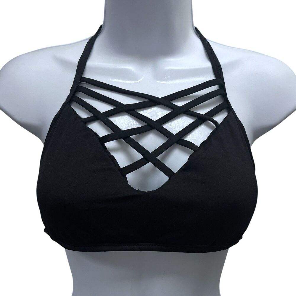 Mossimo Women's Size M Black Halter Bikini Swim‎ Top Padded Crisscross Front